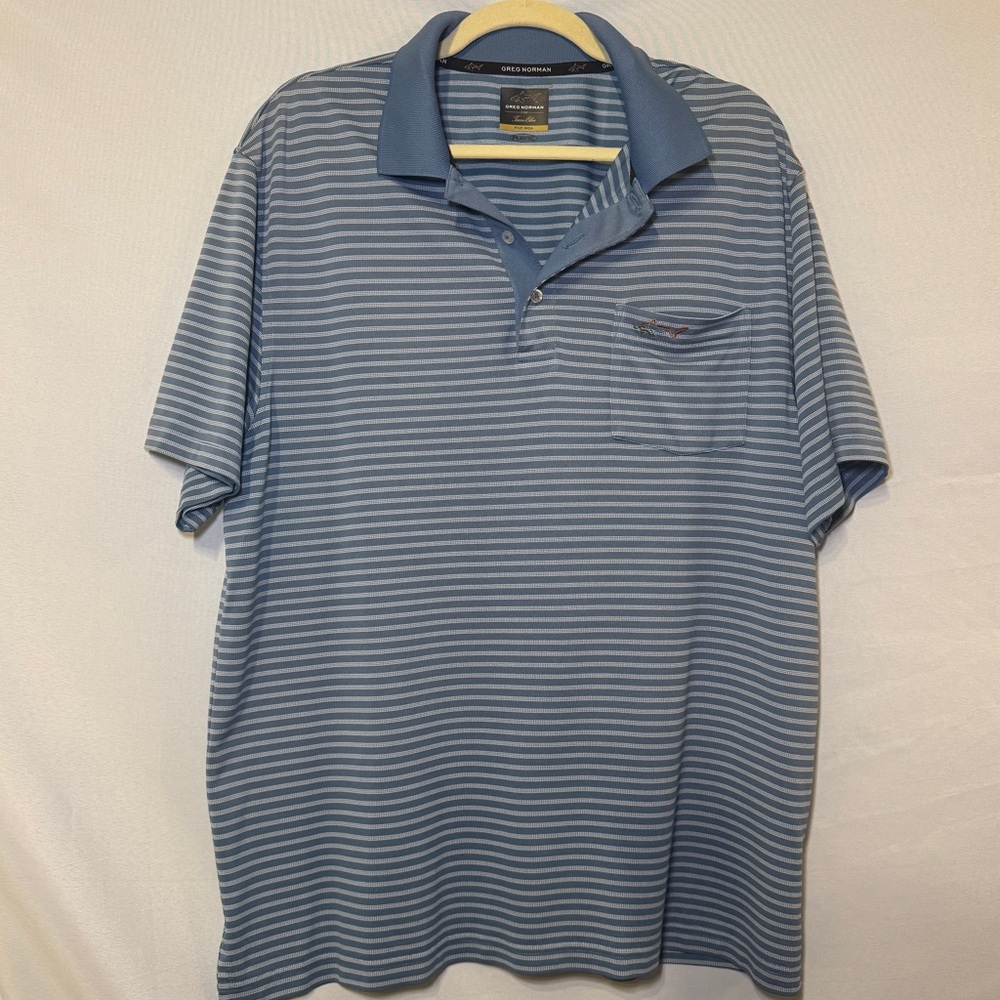 Greg Norman For Tasso Elba Play Dry Polo Shirt Striped Blue Short Sleeve Large